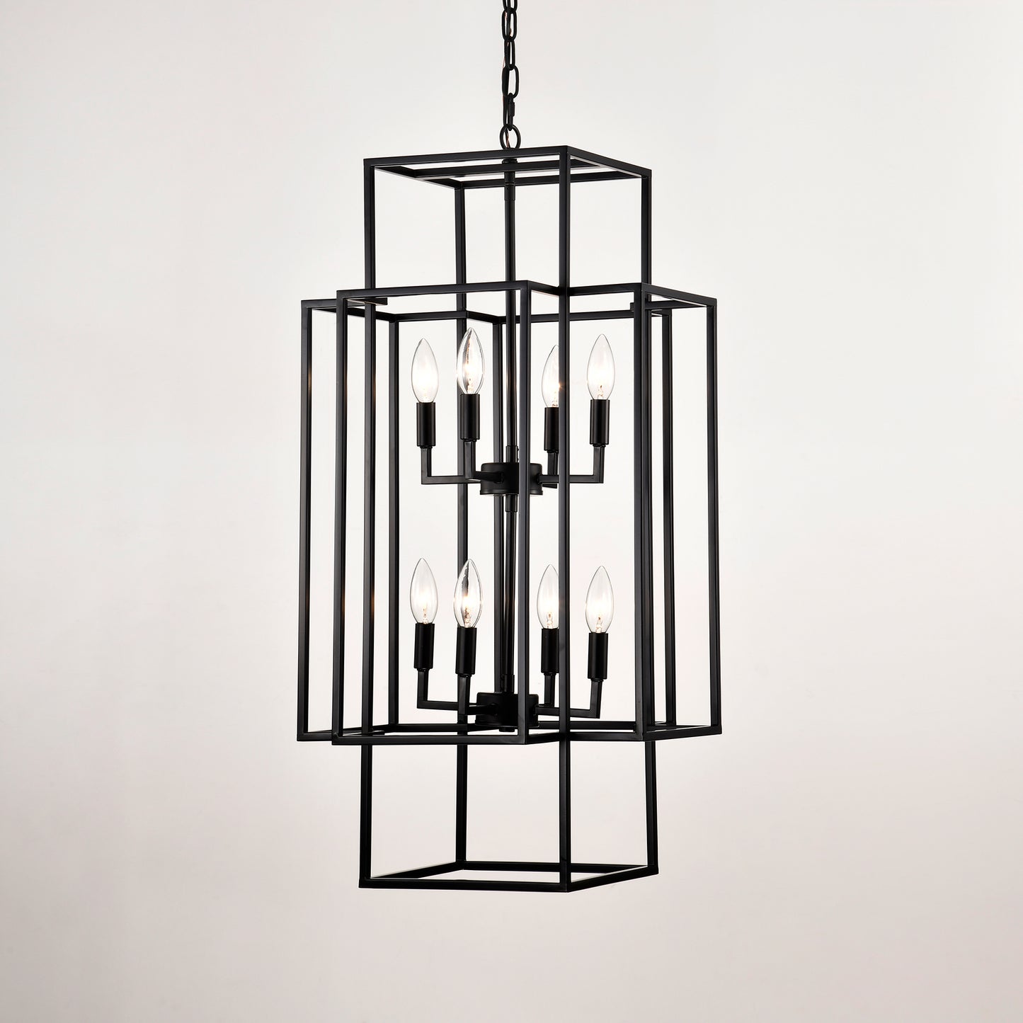 Modern black metal geometric lantern chandelier with eight visible bulbs
