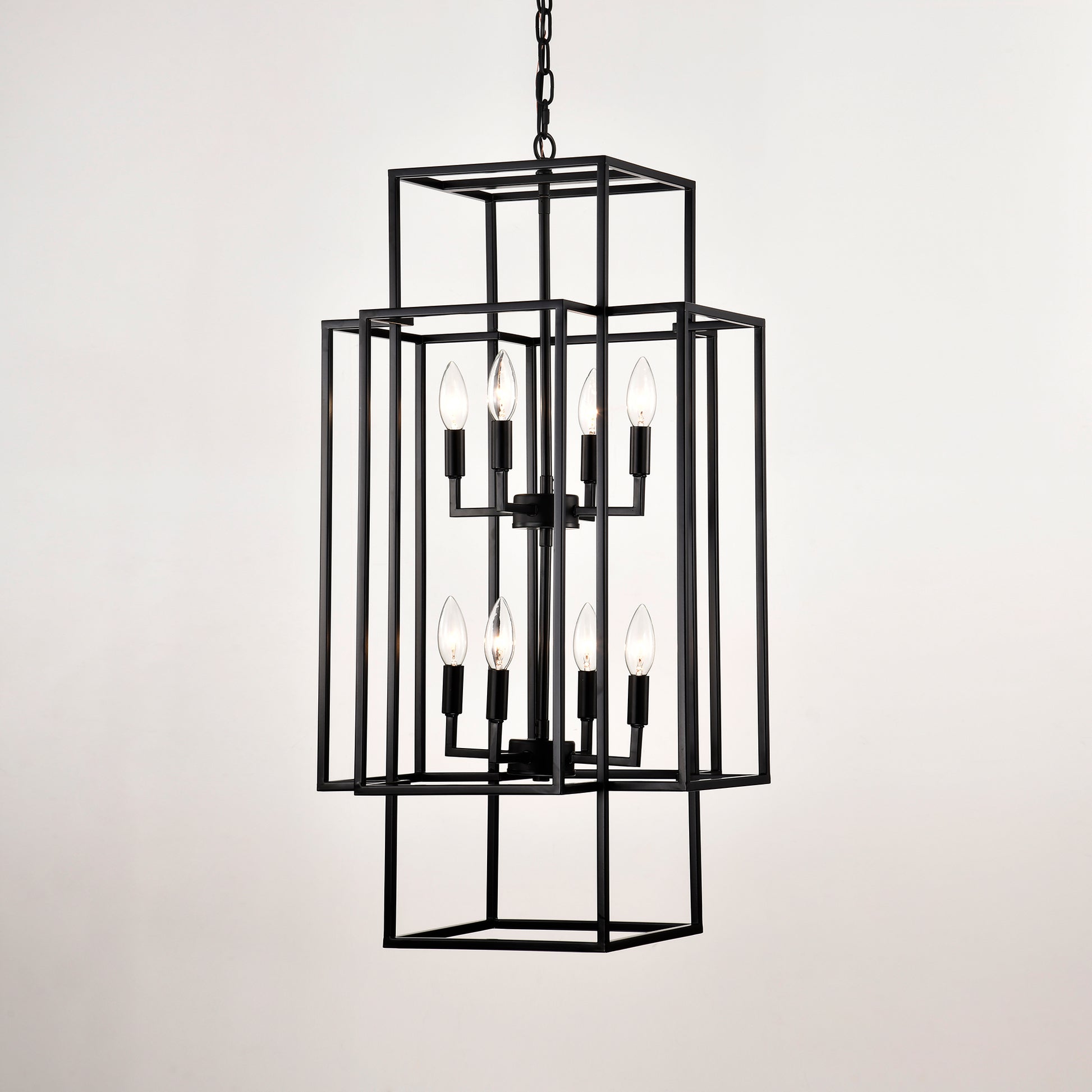 Modern black metal geometric lantern chandelier with eight visible bulbs