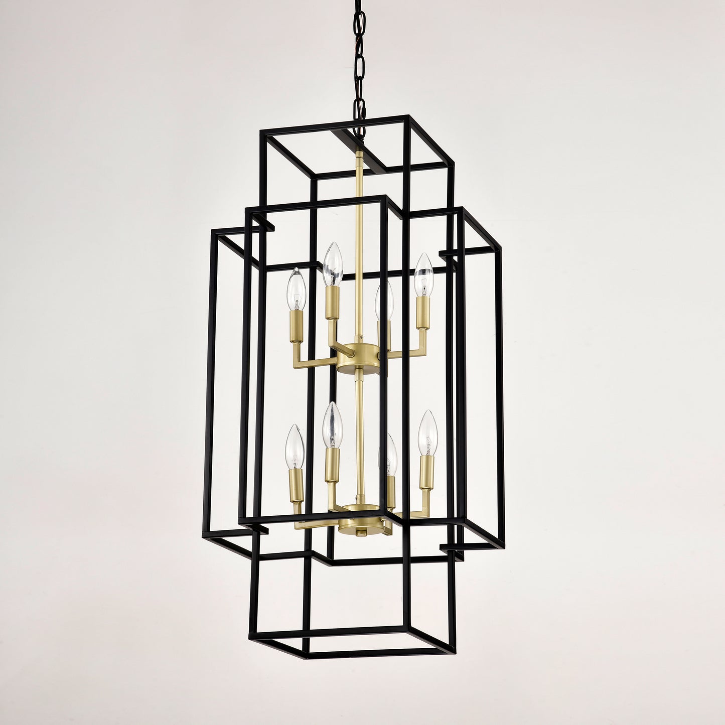 Modern black geometric chandelier with brass accents and six candelabra bulbs