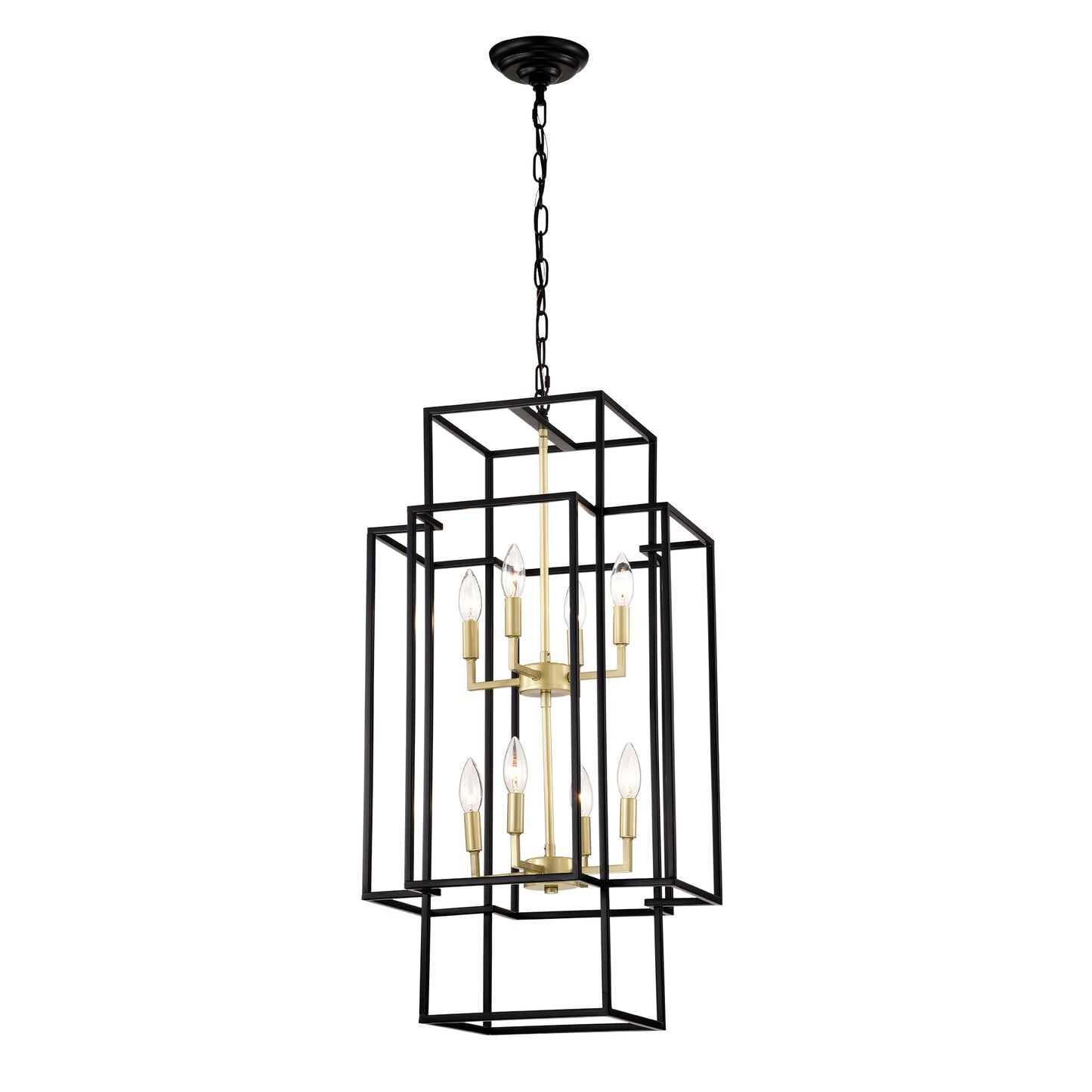 Black and brass geometric chandelier with six candle bulbs