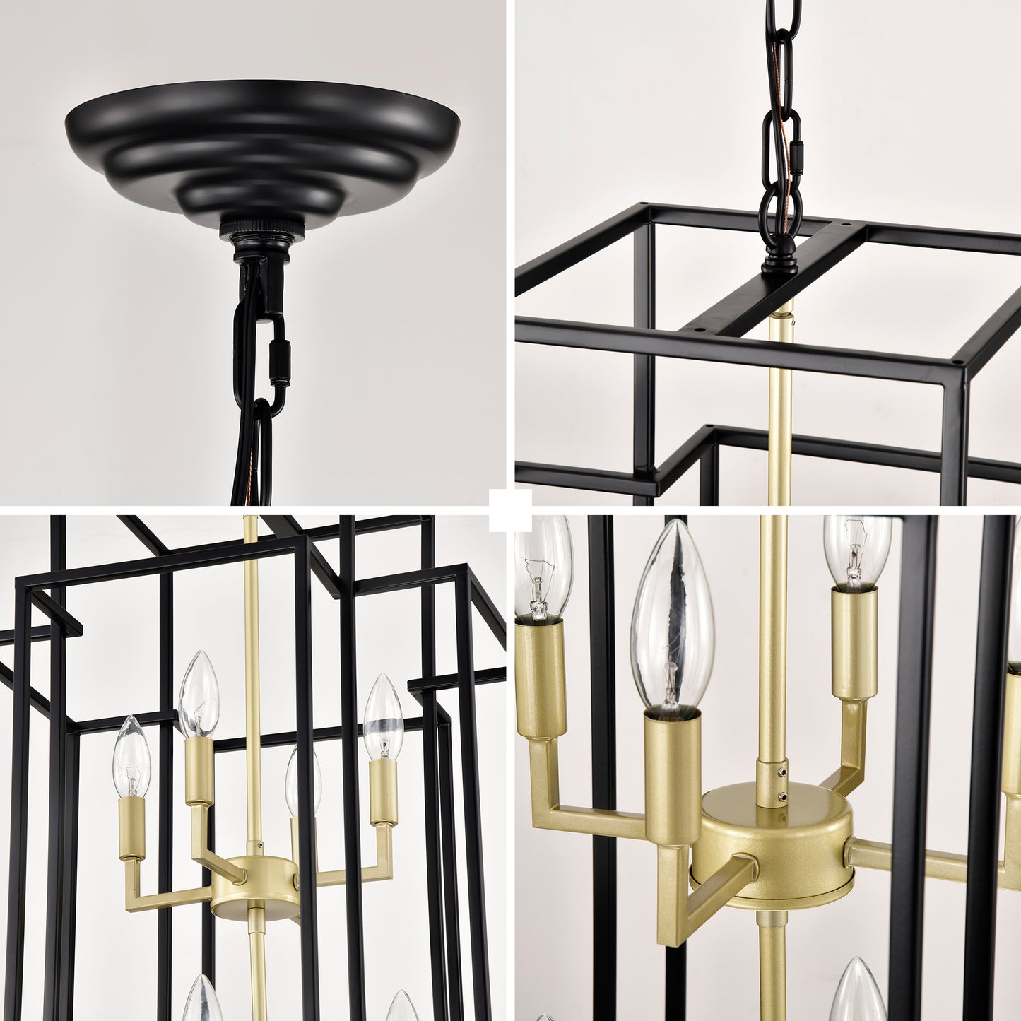 Black and gold lantern chandelier with clear candle bulbs