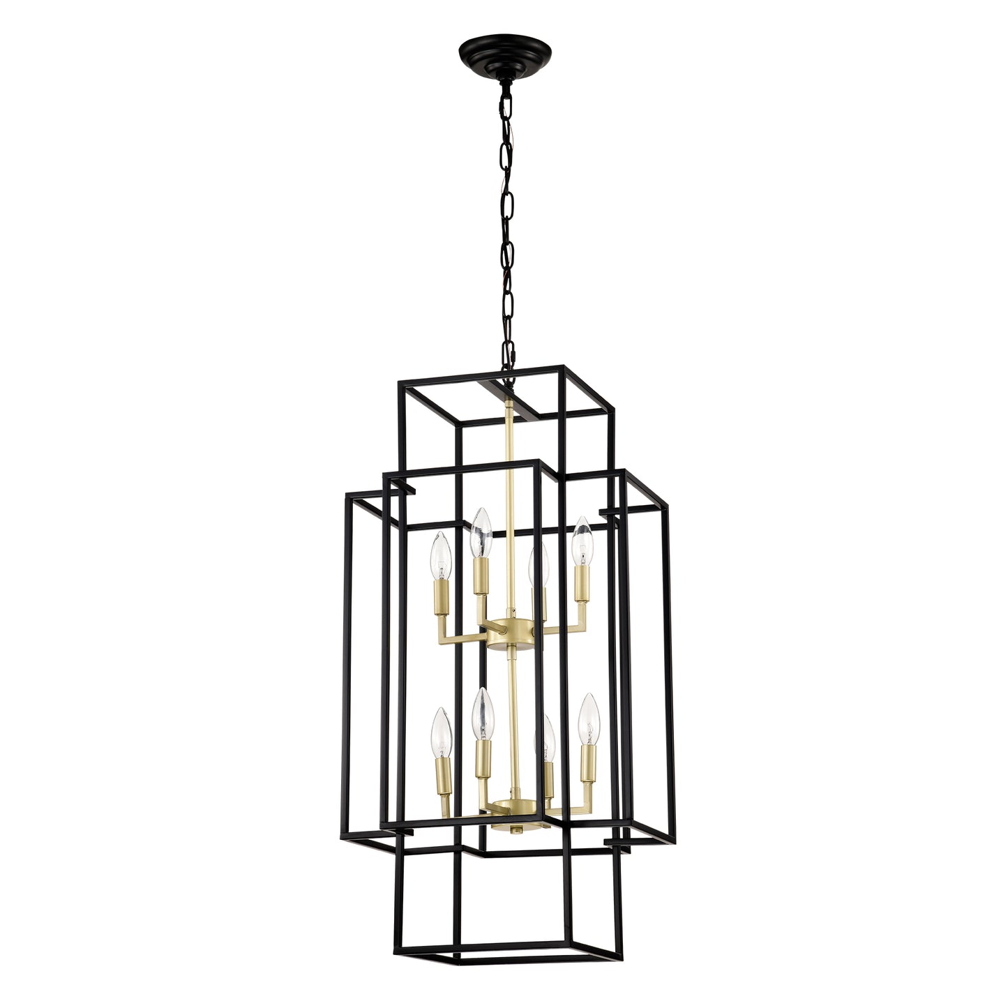 Black and gold geometric modern chandelier with six clear bulbs
