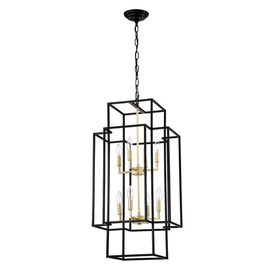 Black and gold geometric modern chandelier with six clear bulbs