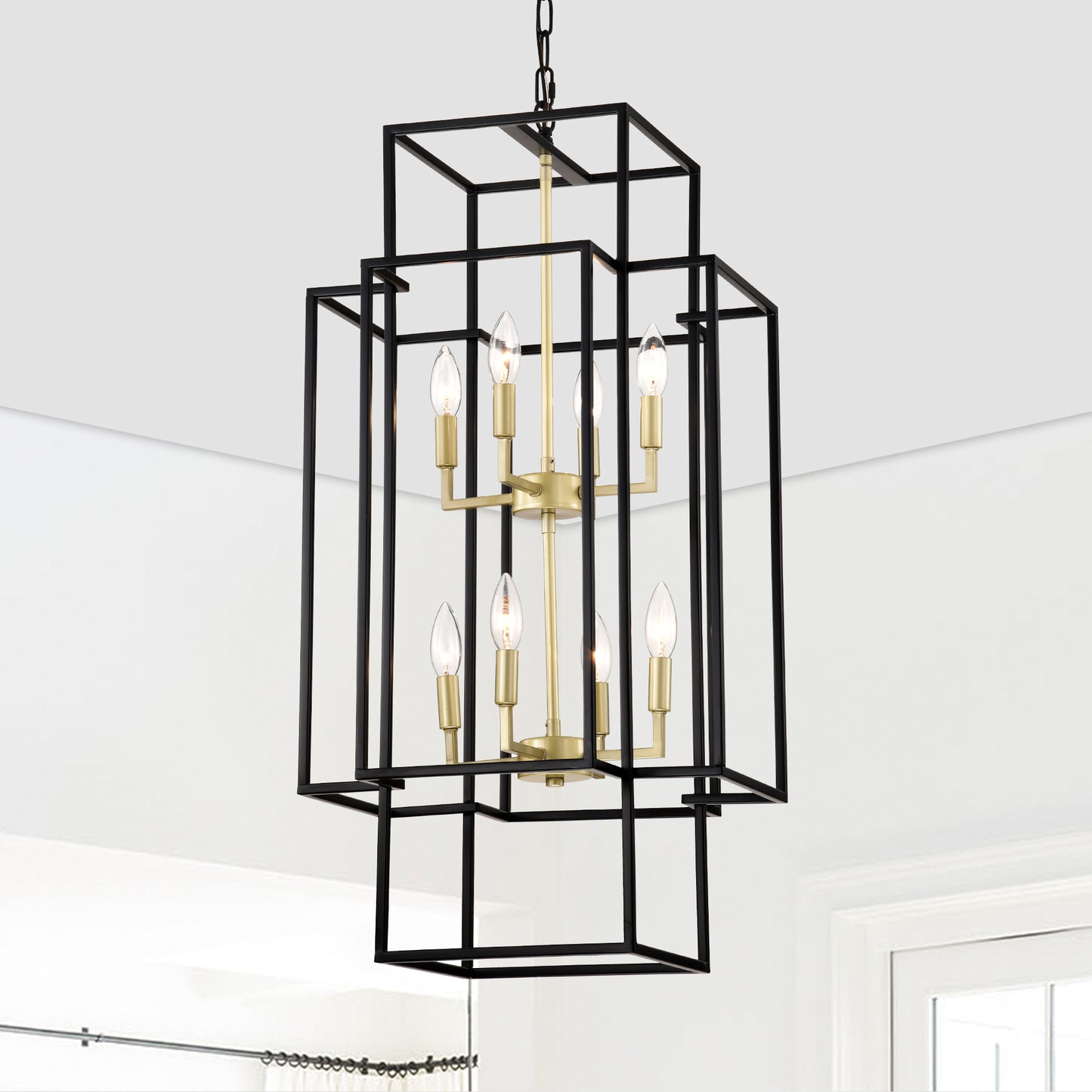 Modern black and brass geometric lantern chandelier with  bulbs