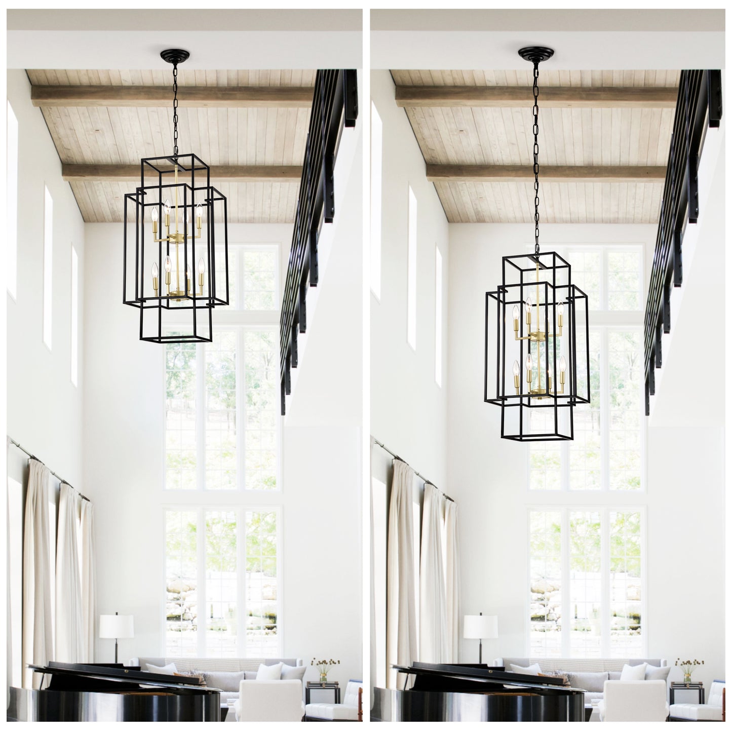 Black geometric foyer chandelier with gold accents and clear glass bulbs light design