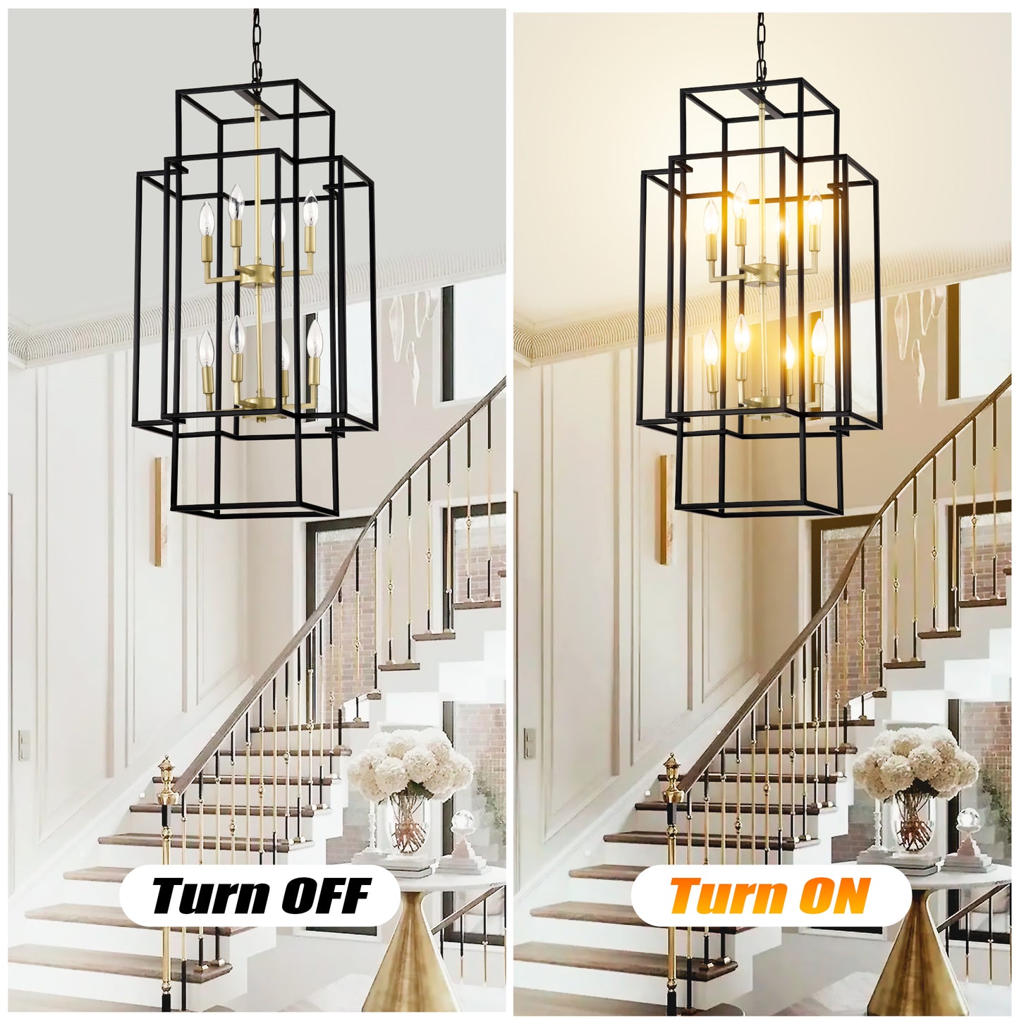 Geometric black and brass chandelier with  lights in staircase setting