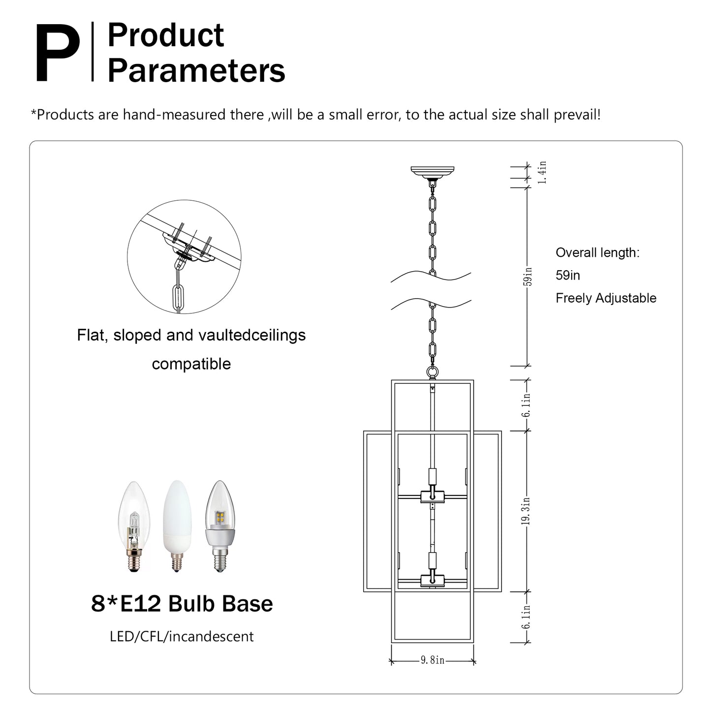Line drawing of a modern chandelier with dimensions featuring adjustable chain and E bulb base
