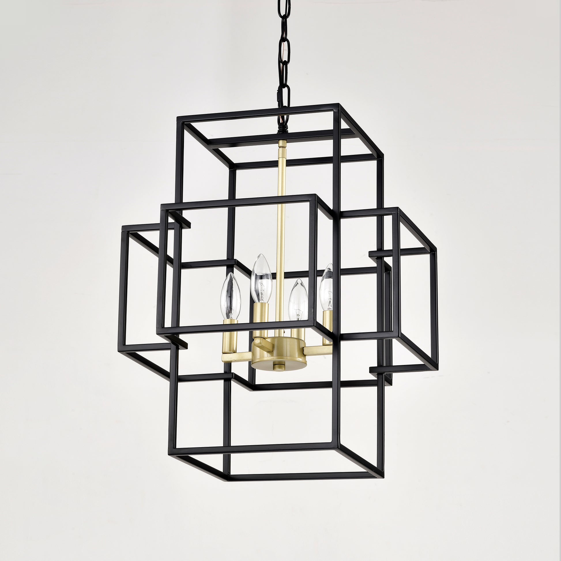 Black geometric cage pendant light with brass accents and four bulbs