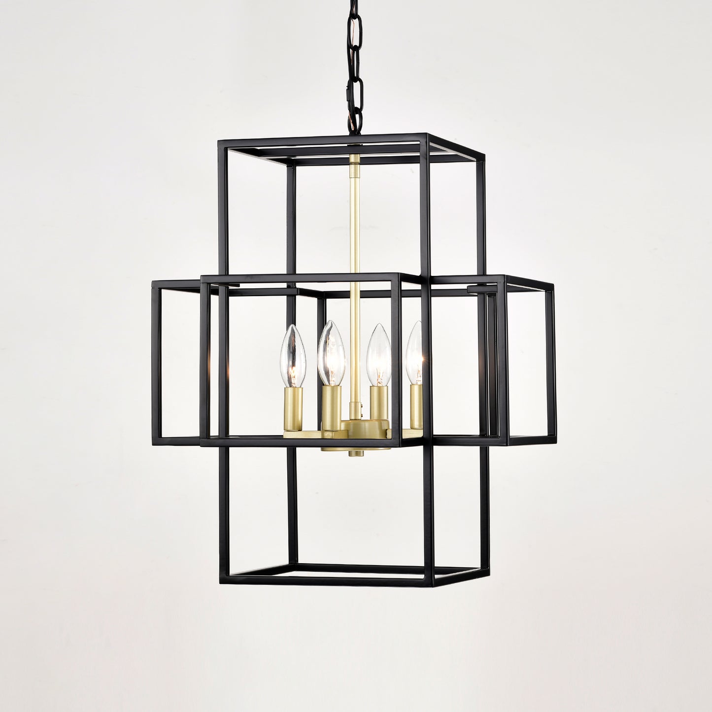 Black geometric pendant light with brass accents and four candle bulbs modern industrial design