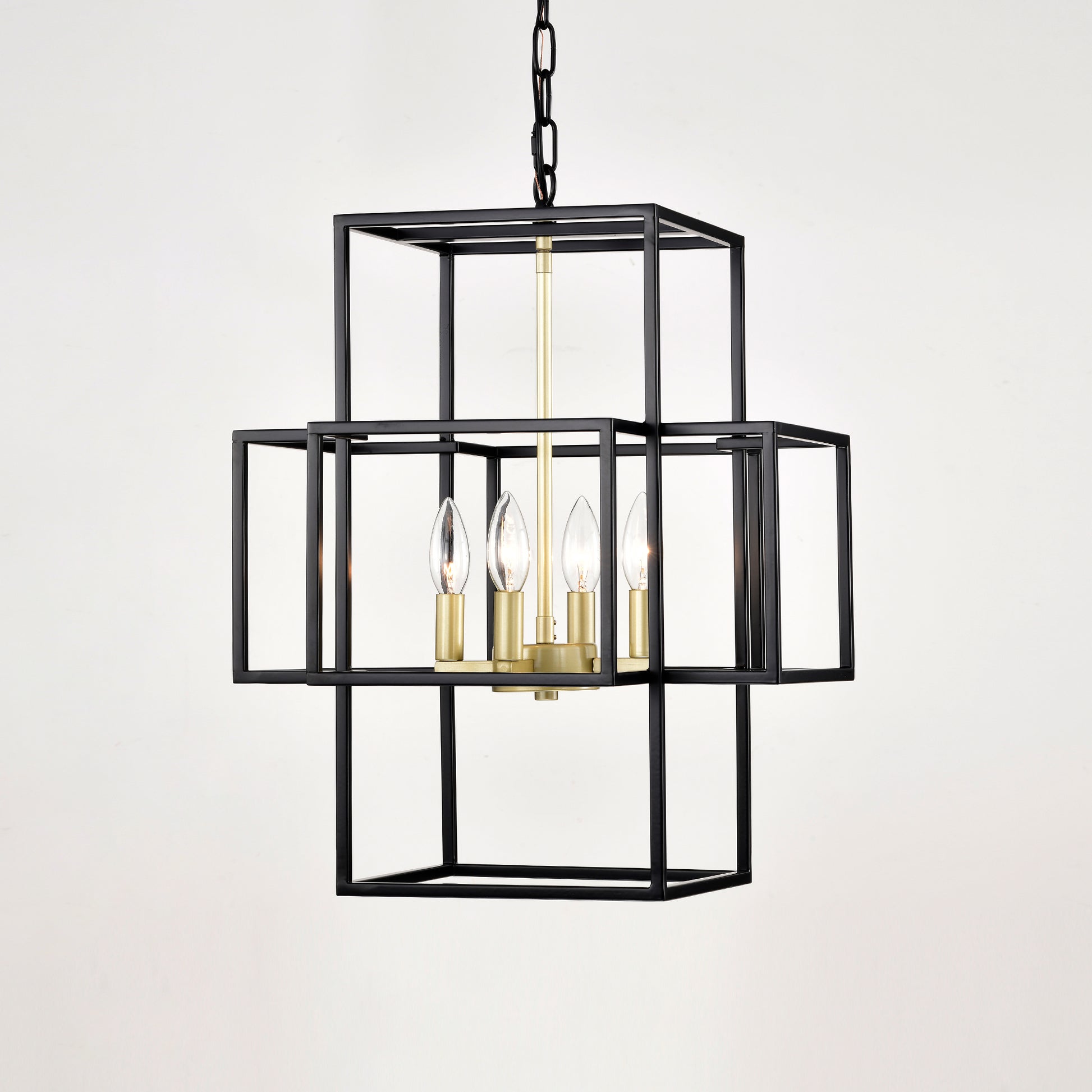Black geometric pendant light with brass accents and four candle bulbs modern industrial design
