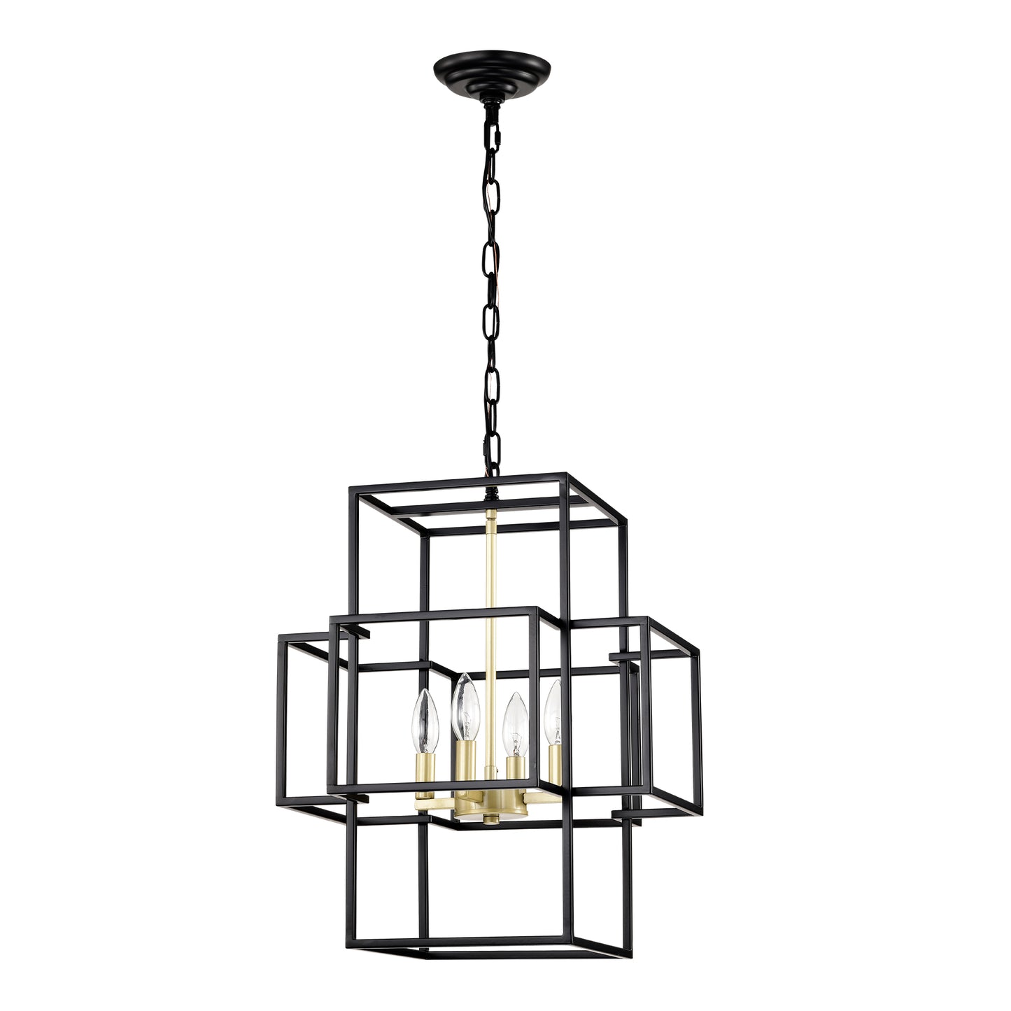 Modern geometric black metal chandelier with brass accents and clear Edison bulbs