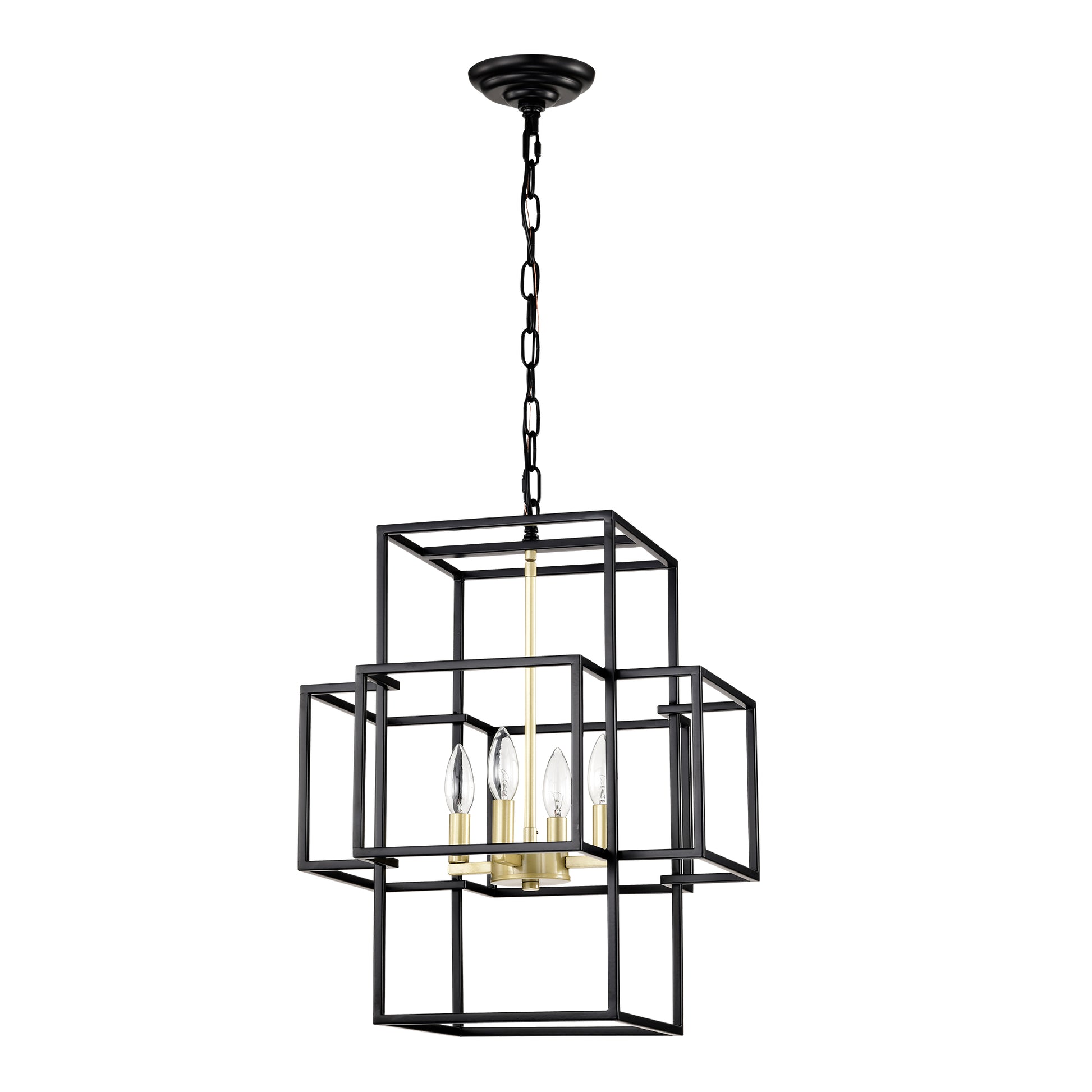 Modern geometric black metal chandelier with brass accents and clear Edison bulbs