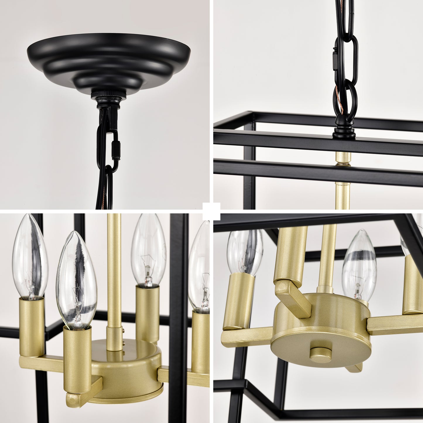 Closeup of modern black cage chandelier detail showing chain and brushed gold accents