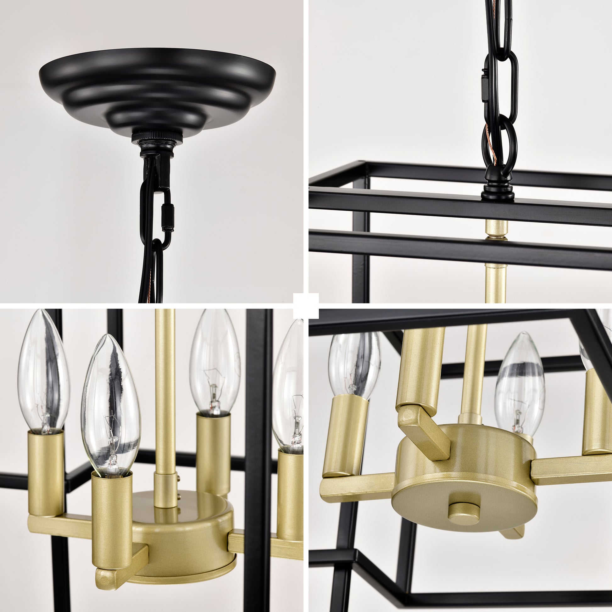 Closeup of modern black cage chandelier detail showing chain and brushed gold accents