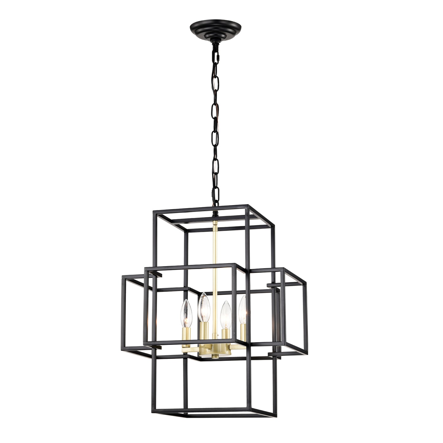 Black geometric chandelier with brass accents and clear Edison bulbs