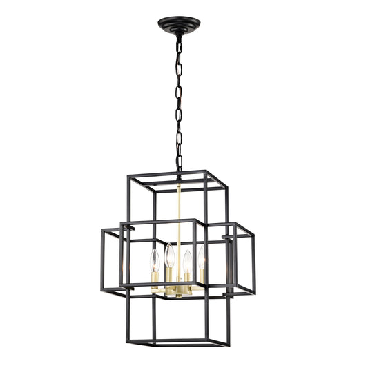 Black geometric chandelier with brass accents and clear Edison bulbs