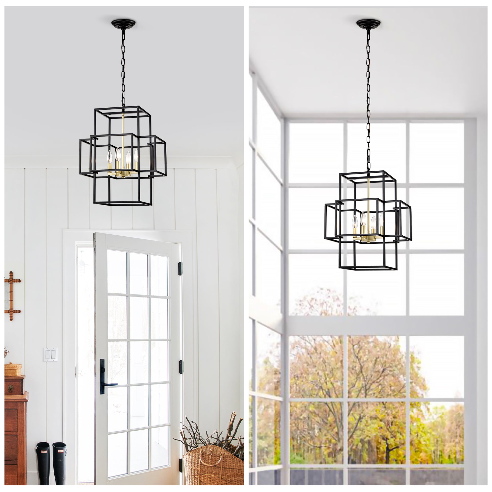 Black metal geometric lantern pendant light with gold accents and four bulbs