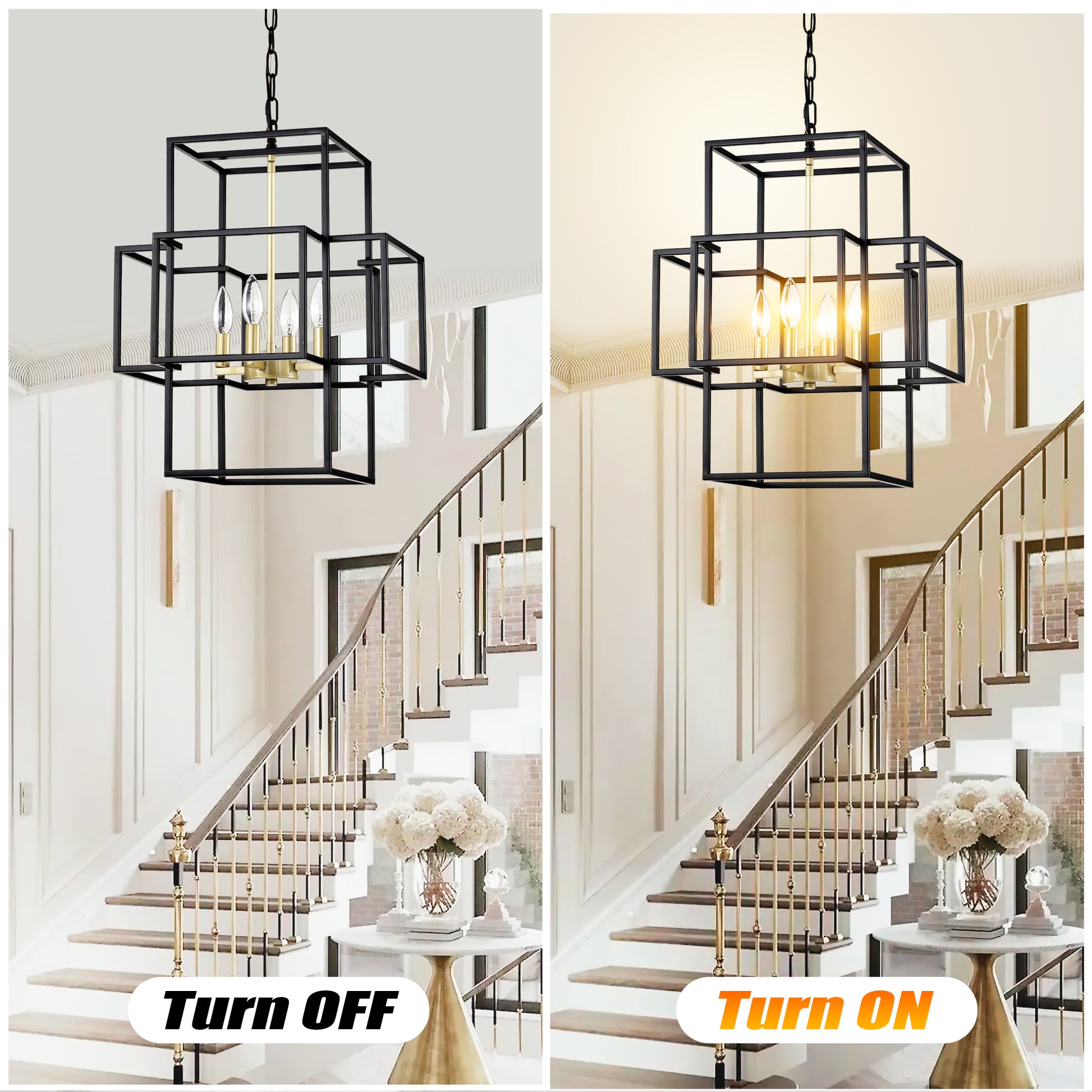 Geometric black and brass chandelier hanging over staircase