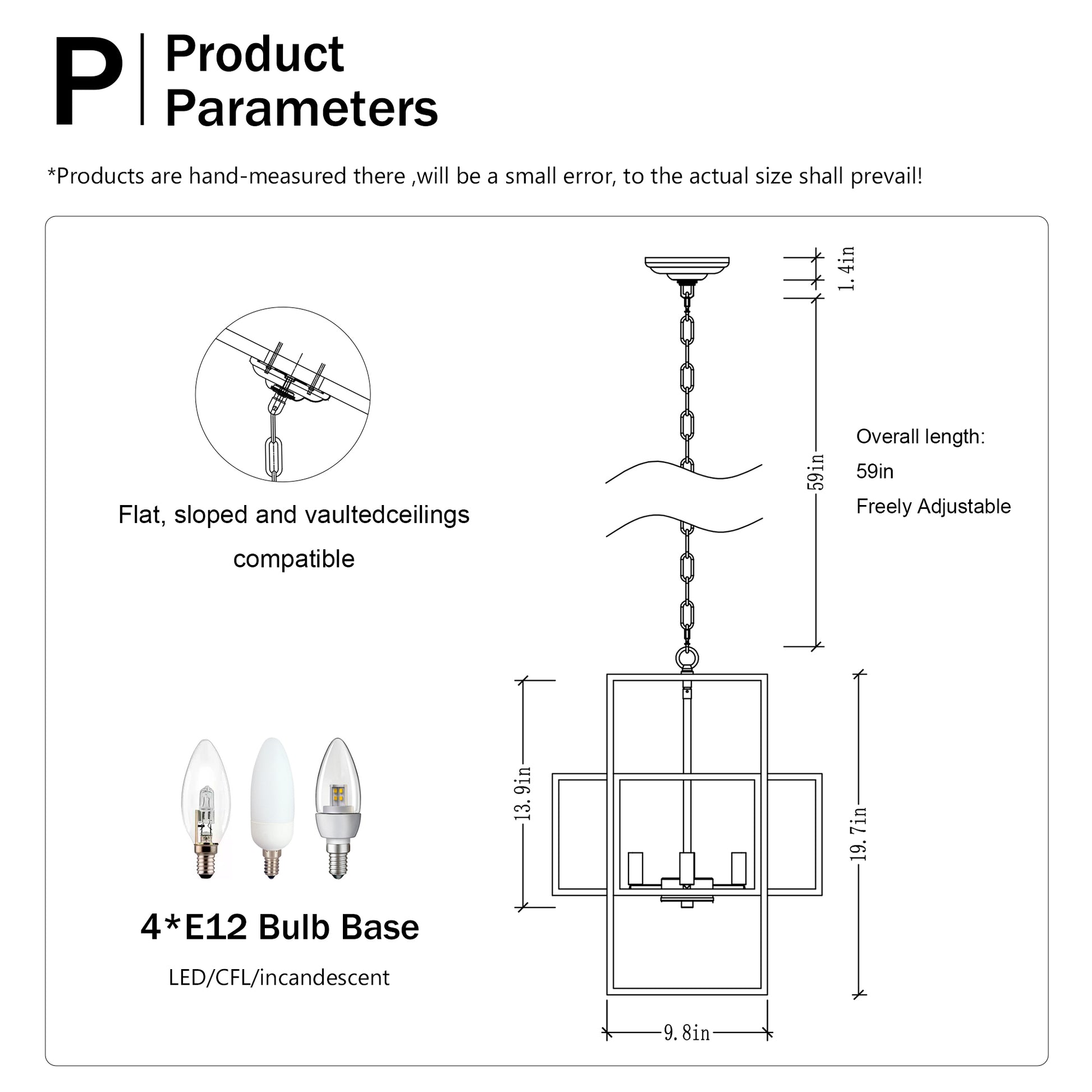 Diagram showing adjustable chain for modern pendant light with square frame