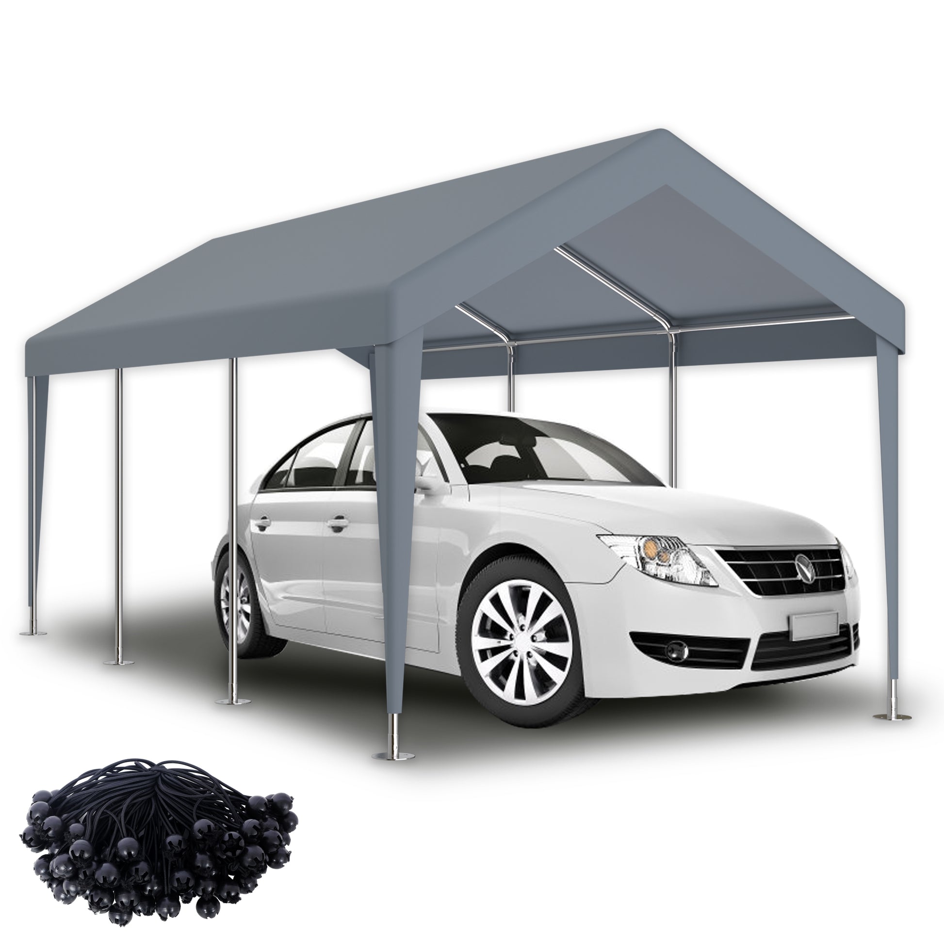 Gray carport with a white sedan parked underneath providing weather protection