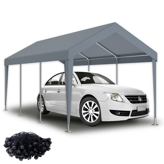 Gray carport with a white sedan parked underneath providing weather protection