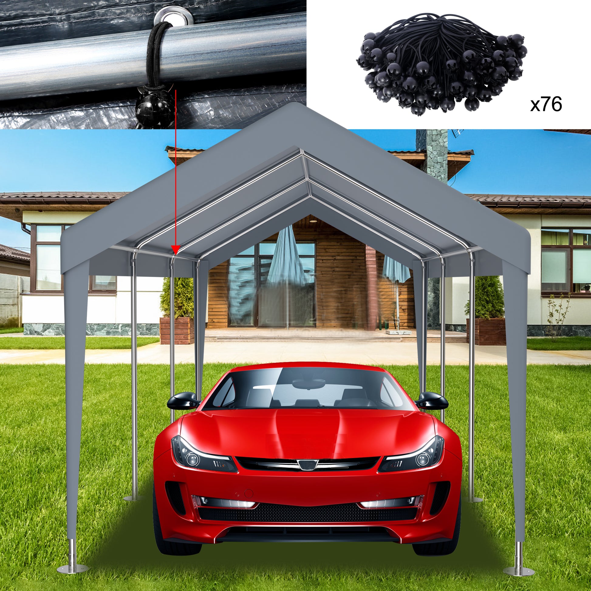 Gray canopy tent with silver frame protecting a red car on a grassy lawn