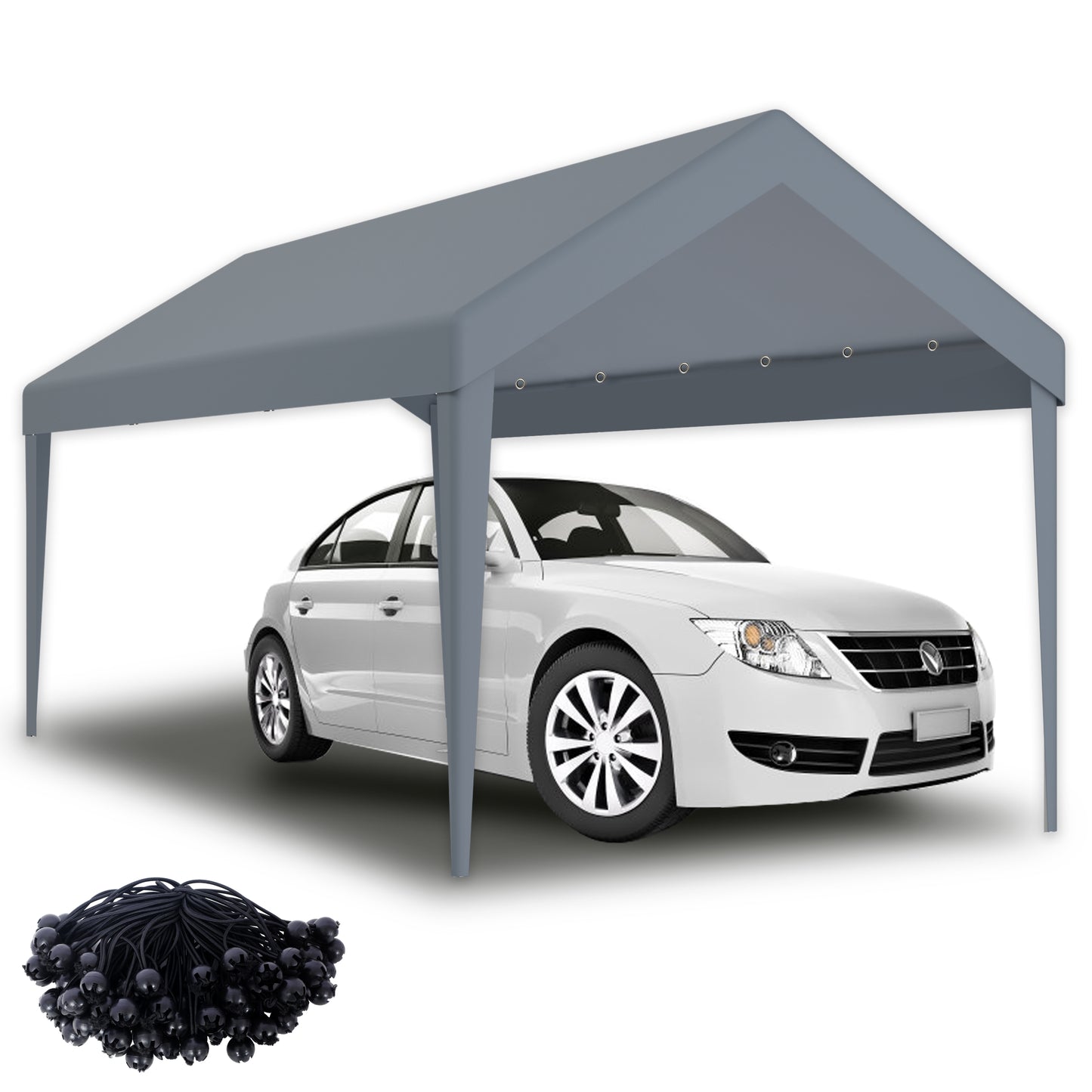 Gray carport frame shielding a white sedan from overhead elements