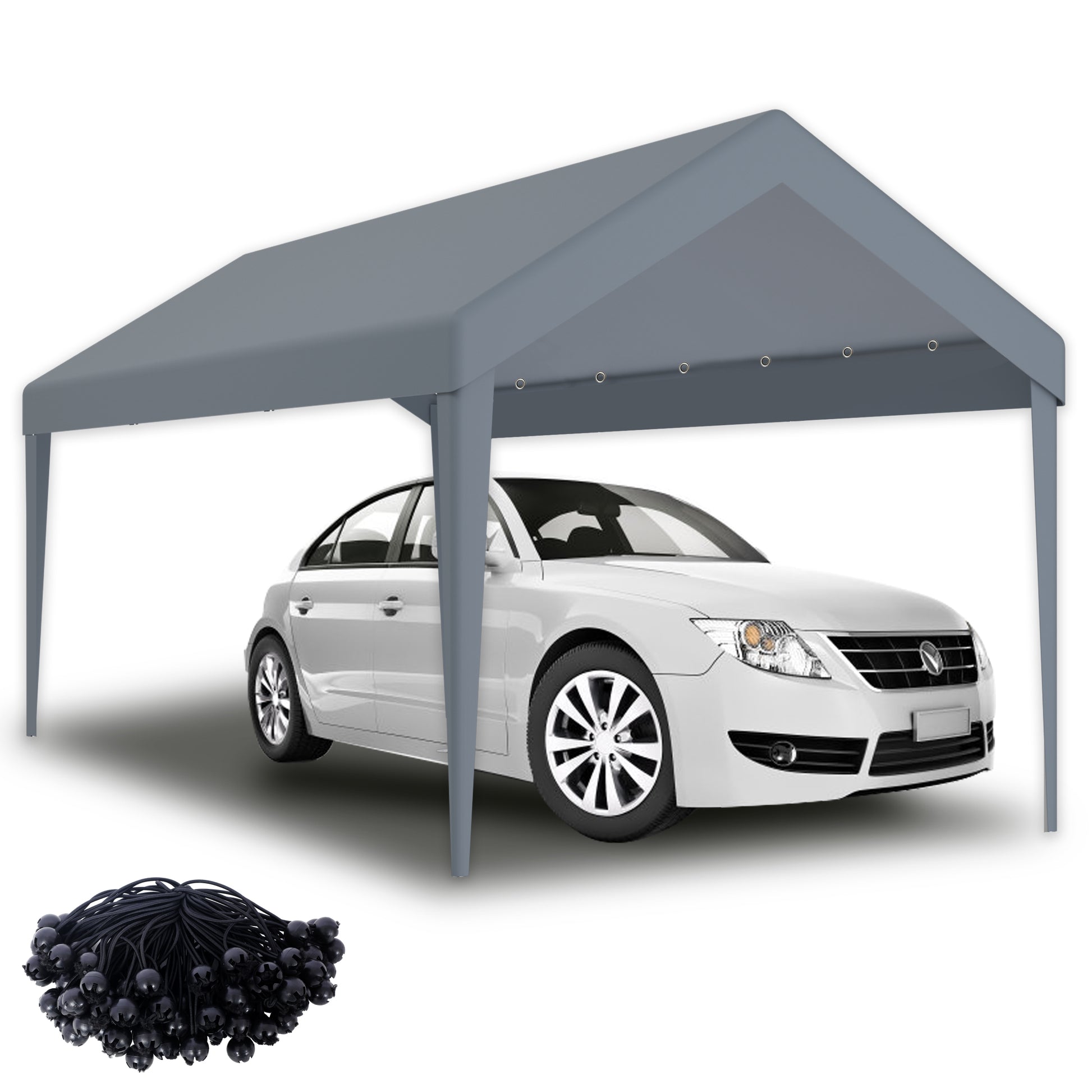 Gray carport frame shielding a white sedan from overhead elements