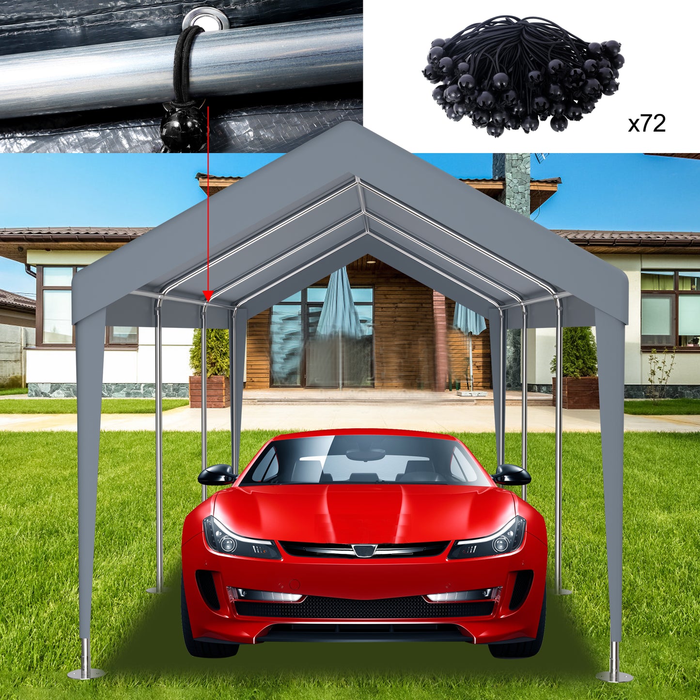 Gray carport frame with silver poles protecting a red sports car parked on a green lawn