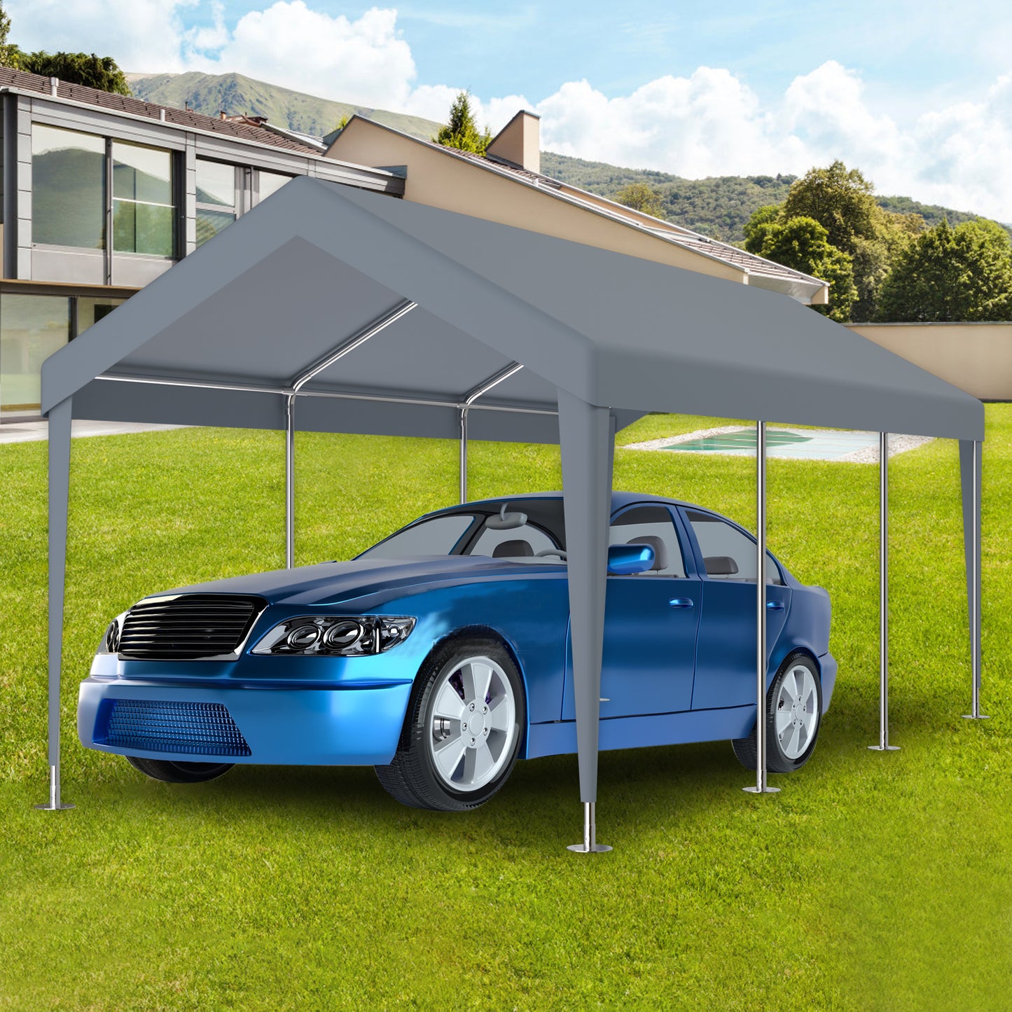 Gray carport with silver frame protecting a blue sedan on a green lawn