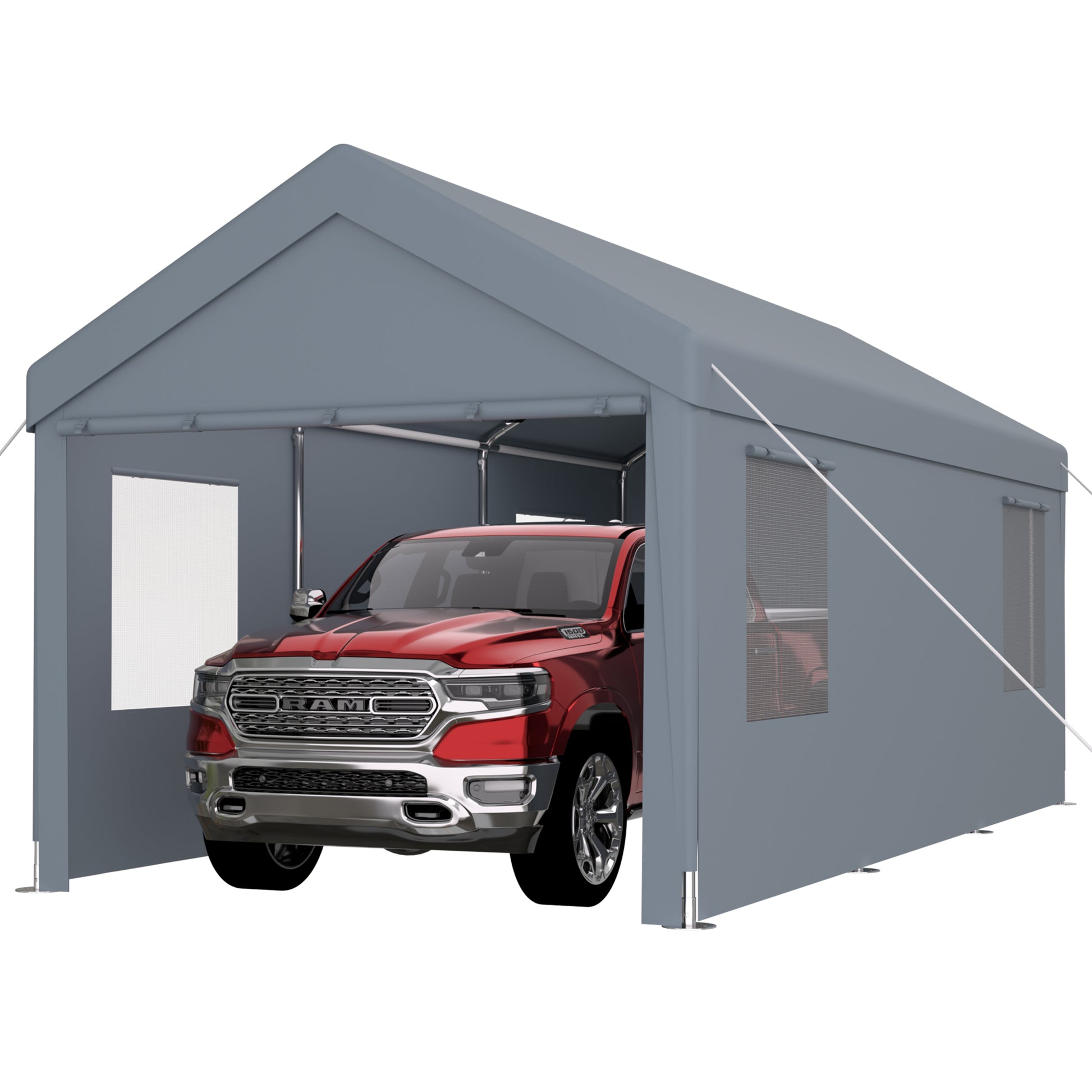 Gray canopy shelter protecting a red pickup truck from weather