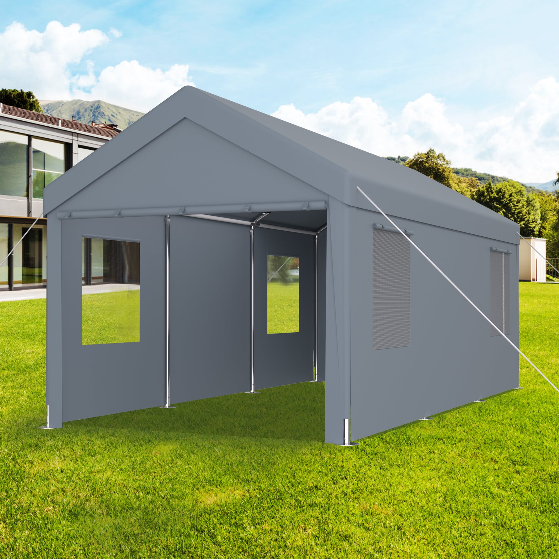 Grey heavyduty party tent with mesh windows ideal for outdoor events and shelter