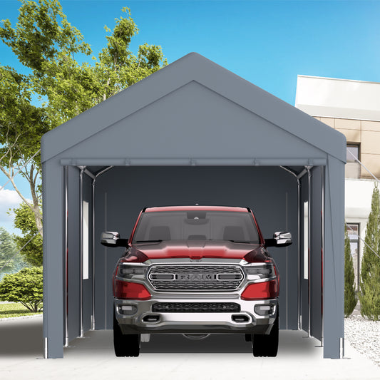 Gray metal carport housing a red pickup truck with chrome accents
