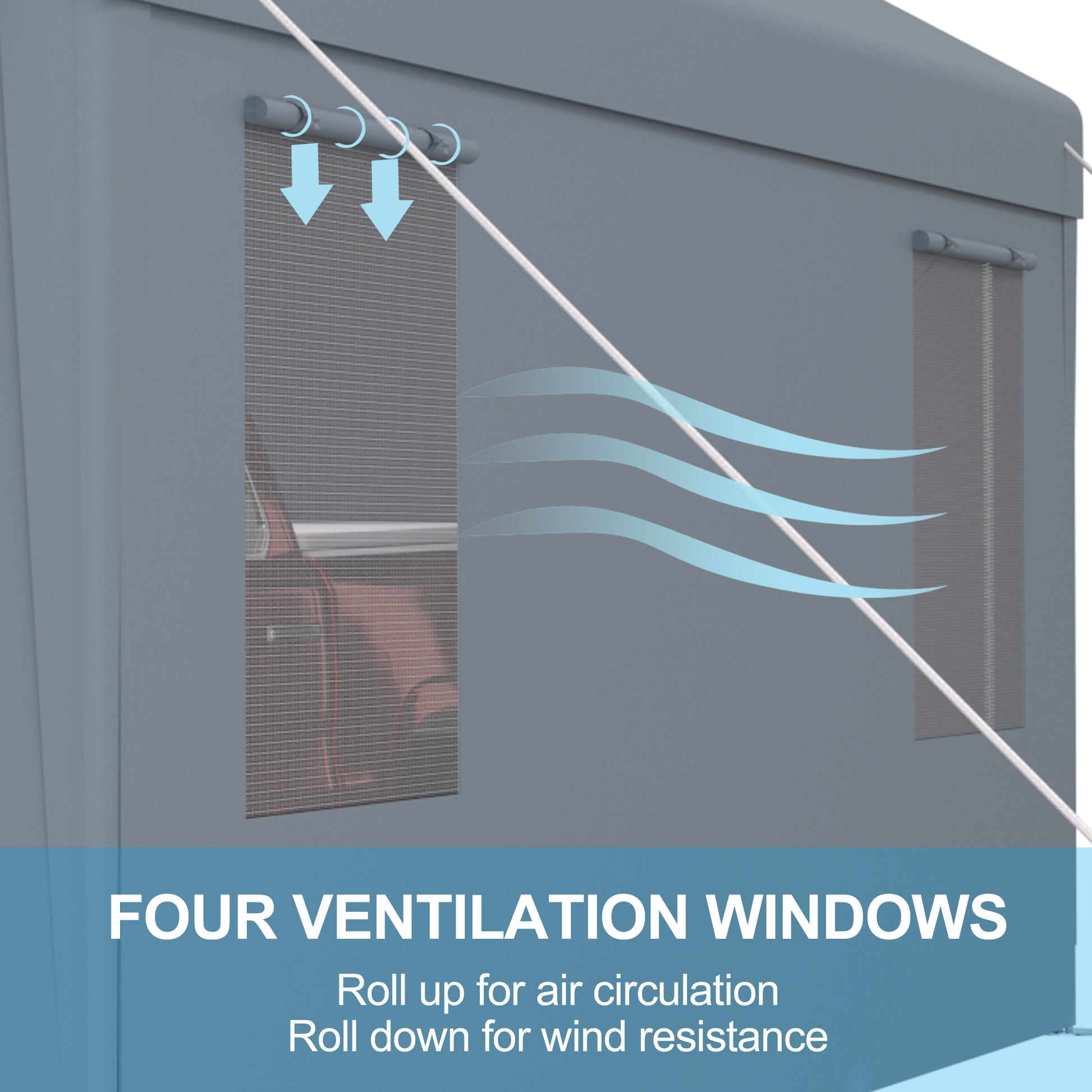 Gray outdoor shelter with rollup meshed ventilation windows