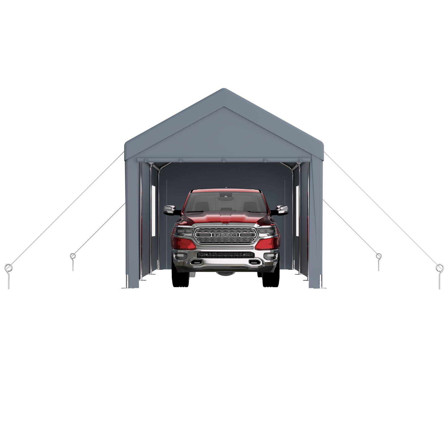 Gray metal carport shelter with a red RAM truck parked inside offering weather protection