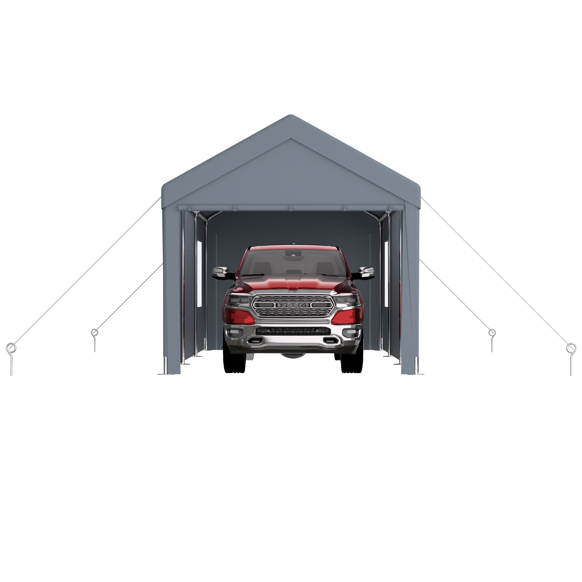 Gray metal carport shelter with a red RAM truck parked inside offering weather protection