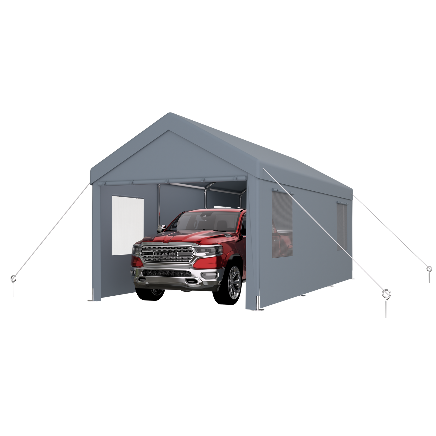 Gray portable carport shelter housing a red pickup truck