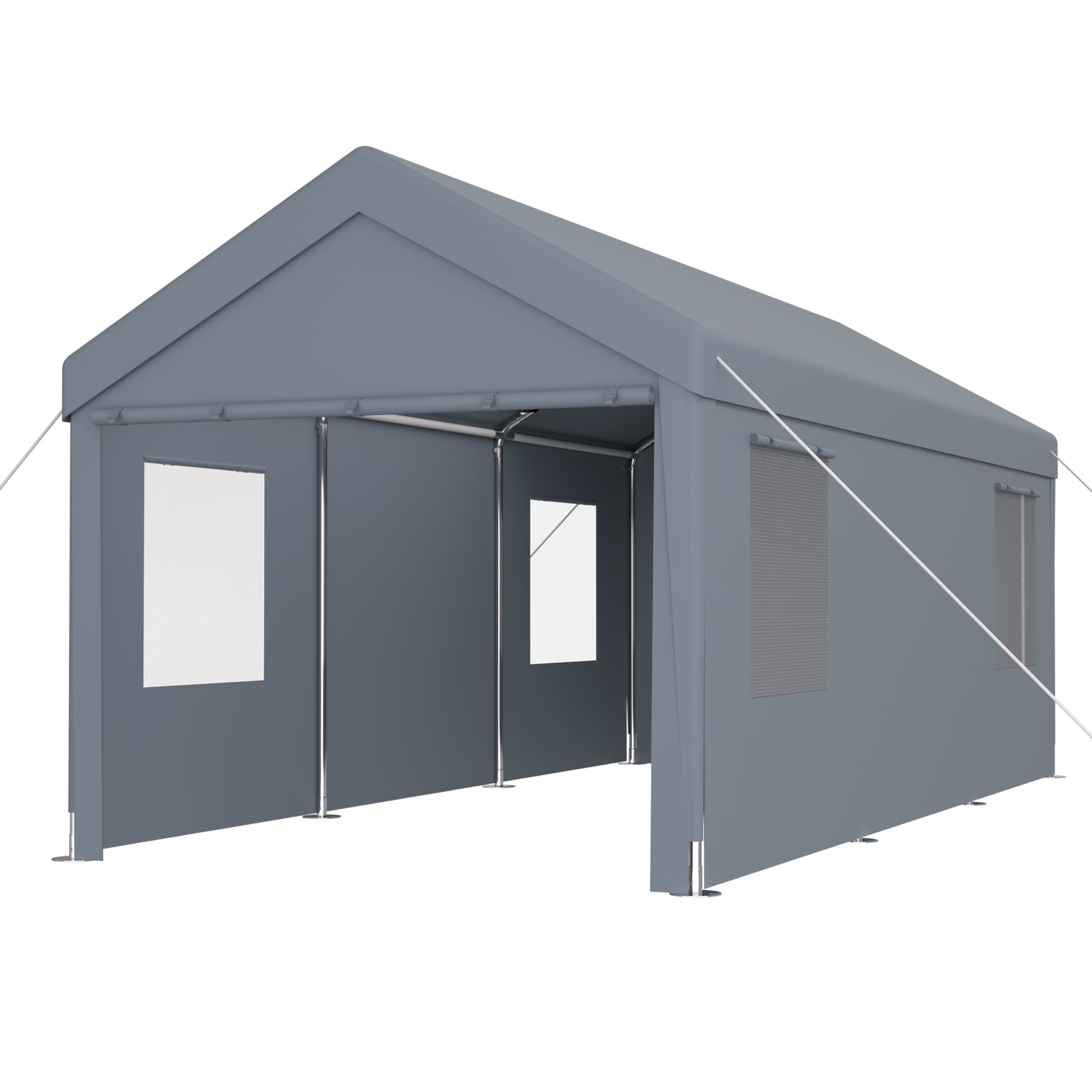 Gray heavyduty carport canopy tent with open front and screened windows