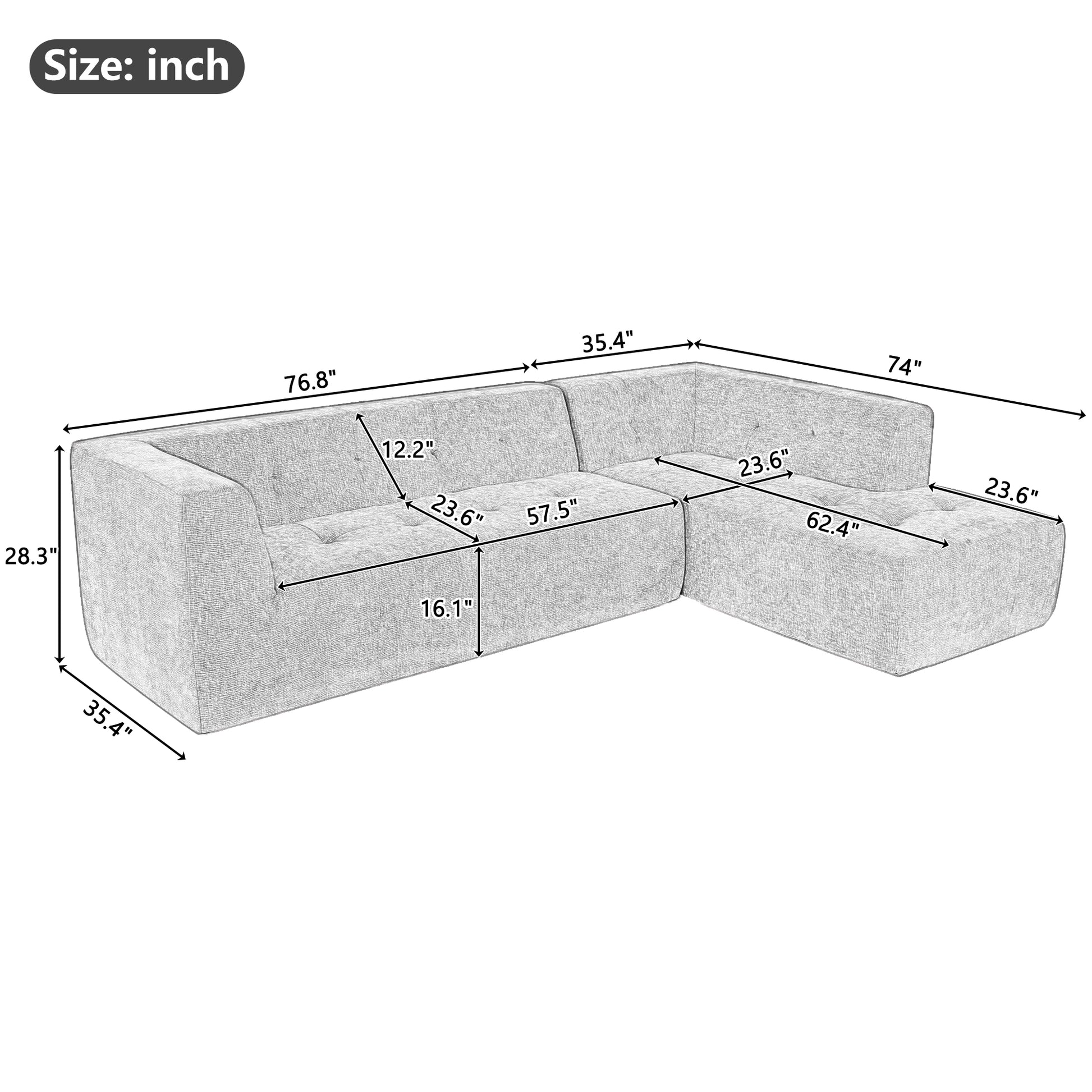Sketch of a textured grey Lshaped sectional sofa with dimension lines for size