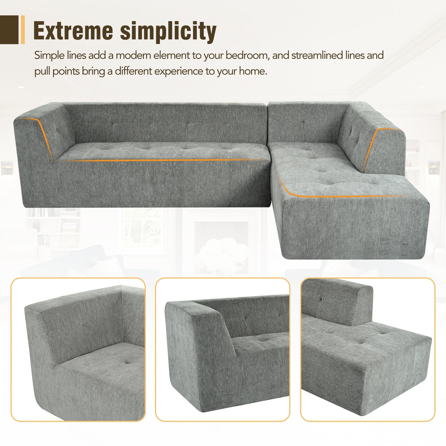 Gray sectional sofa with orange trim and tufted cushions modern living room furniture