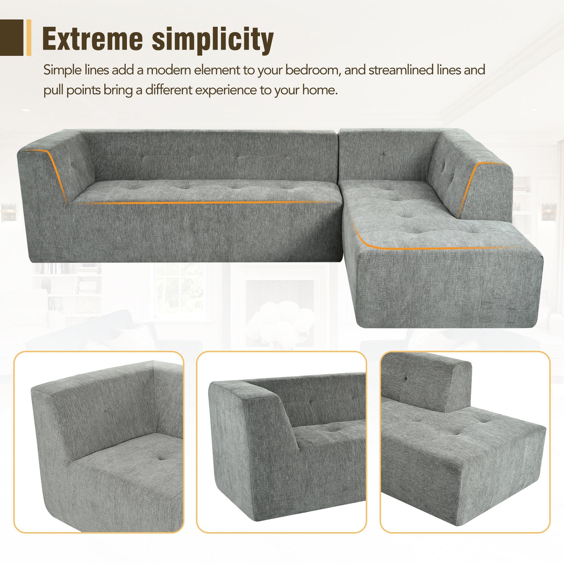 Gray sectional sofa with orange trim and tufted cushions modern living room furniture