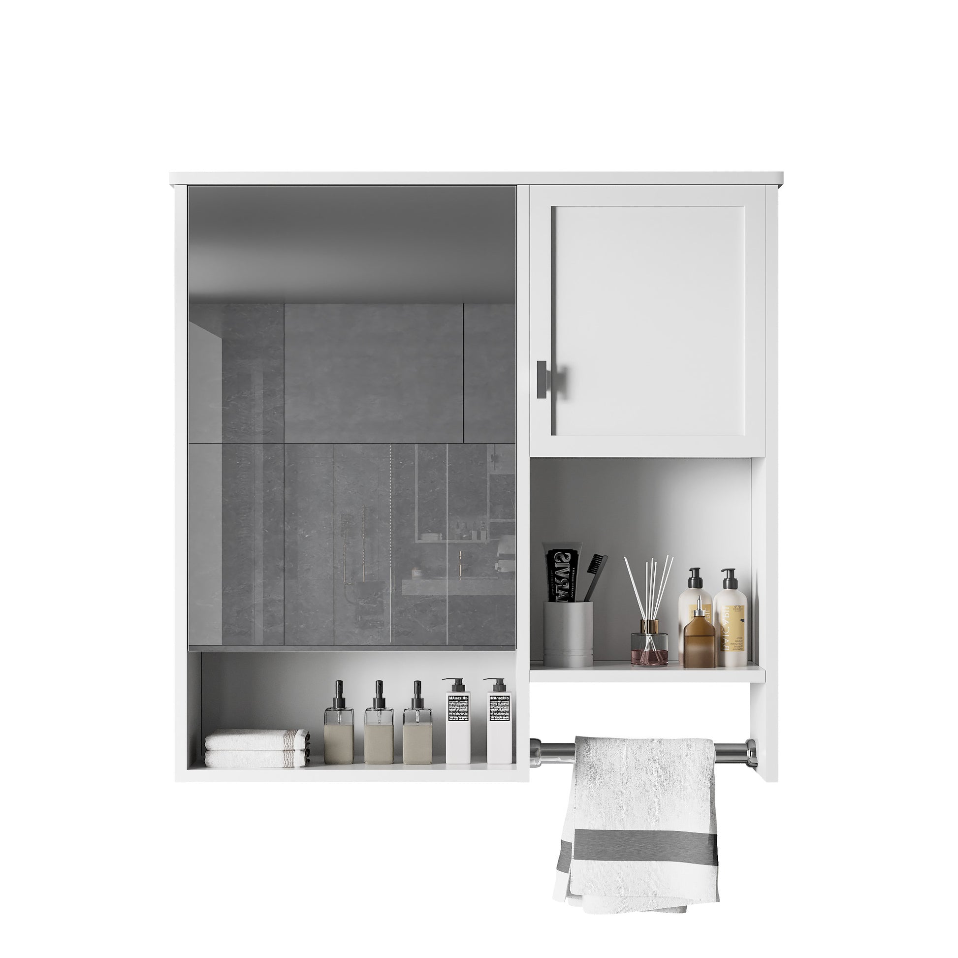 Modern white wallmounted bathroom cabinet with mirrored doors and storage shelves holding toiletries