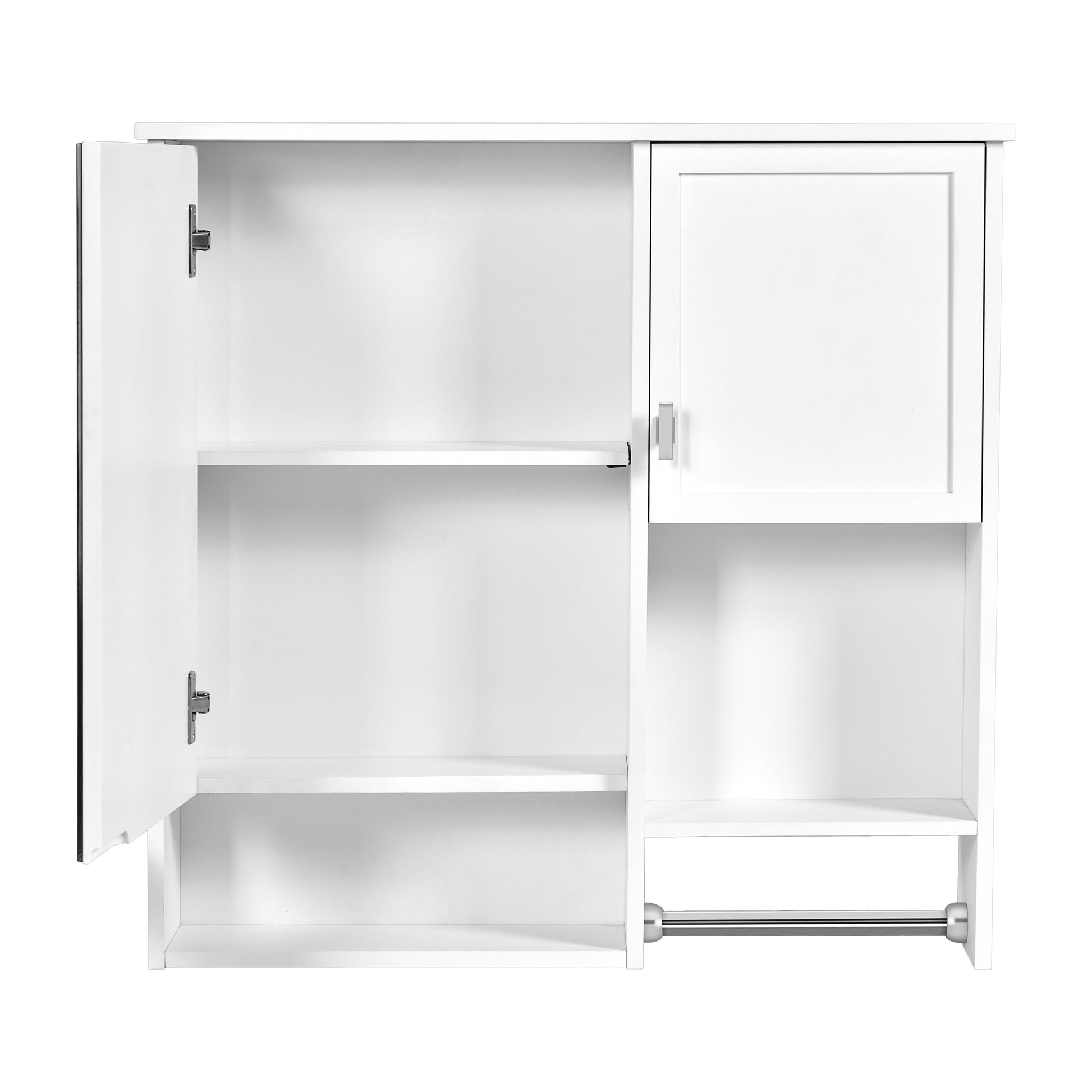White wallmounted bathroom cabinet with two shelves and a towel bar
