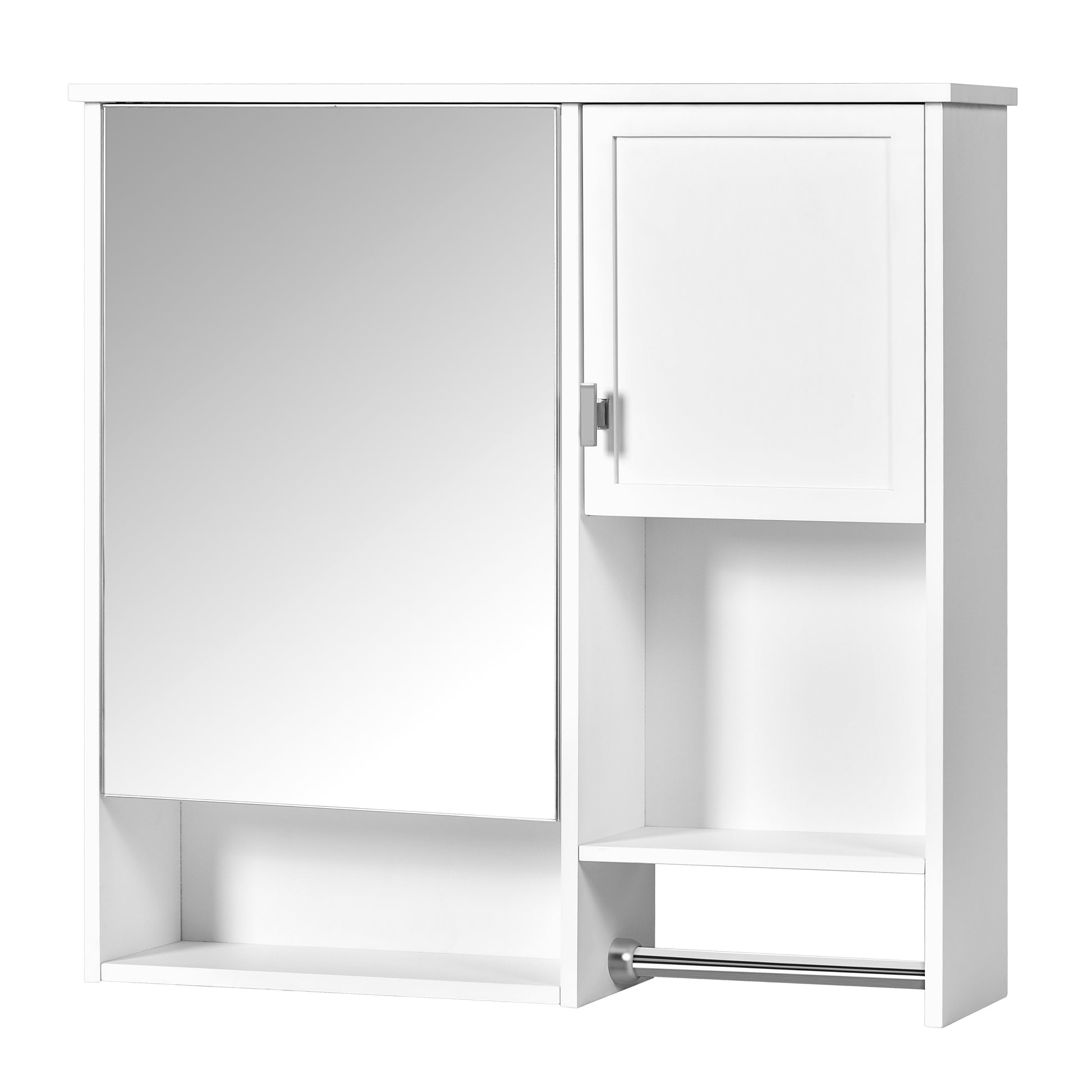 White bathroom cabinet with mirrored door and open shelving with towel bar