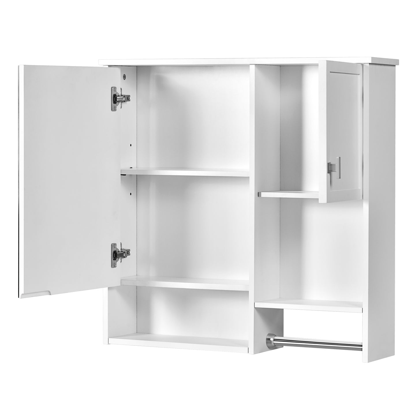 Open white bathroom cabinet with shelves and towel bar