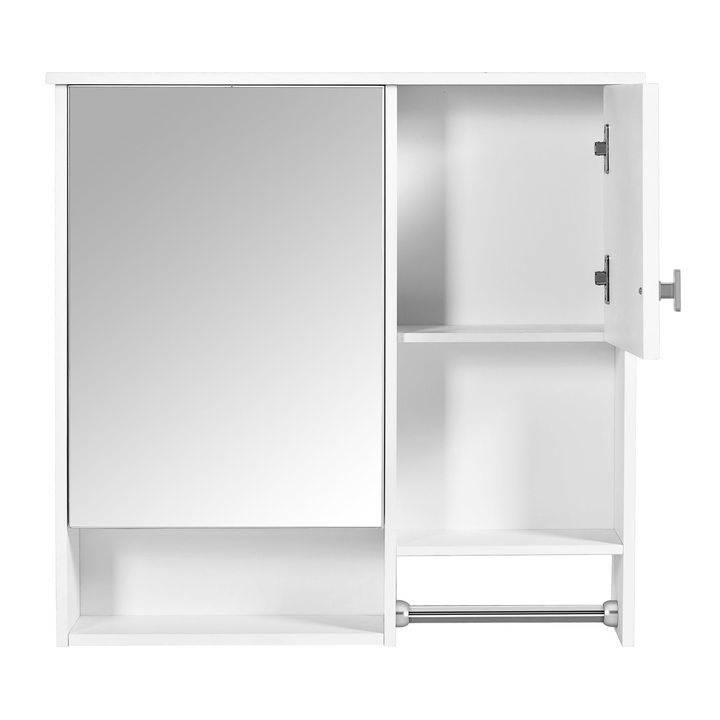 White modern bathroom medicine cabinet with mirrored door and open shelving