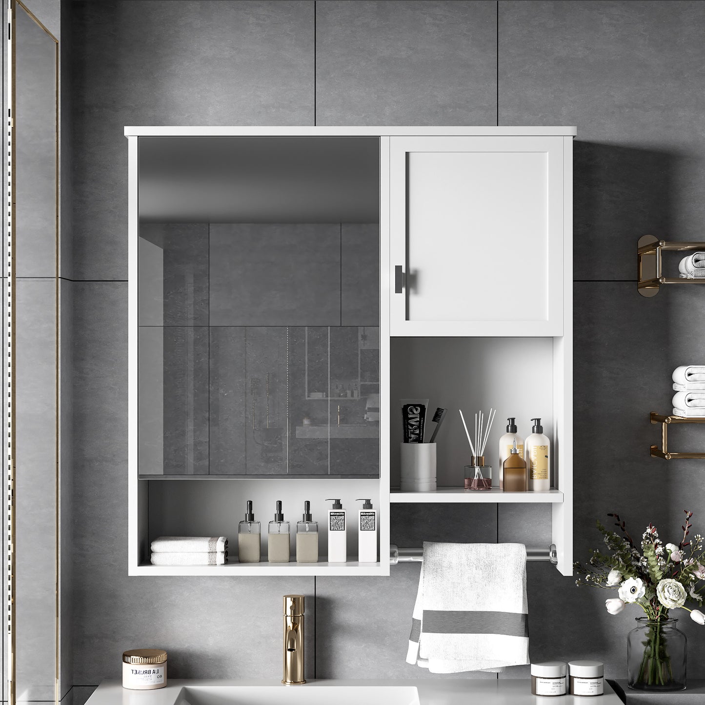 White bathroom cabinet with mirrored door and wood accents holding toiletries and towels