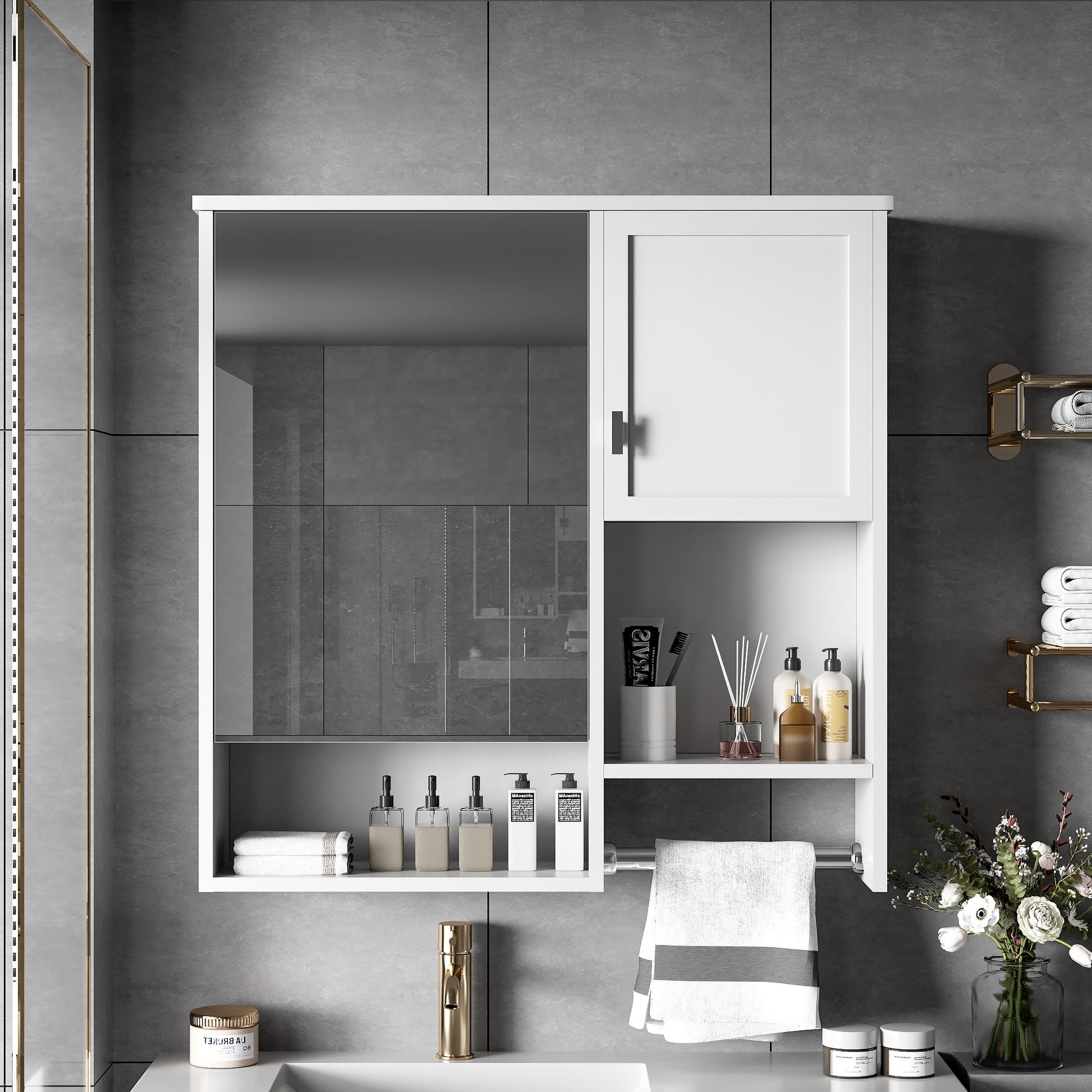 White bathroom cabinet with mirrored door and wood accents holding toiletries and towels