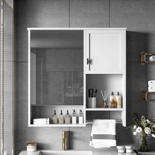 White bathroom cabinet with mirrored door and wood accents holding toiletries and towels