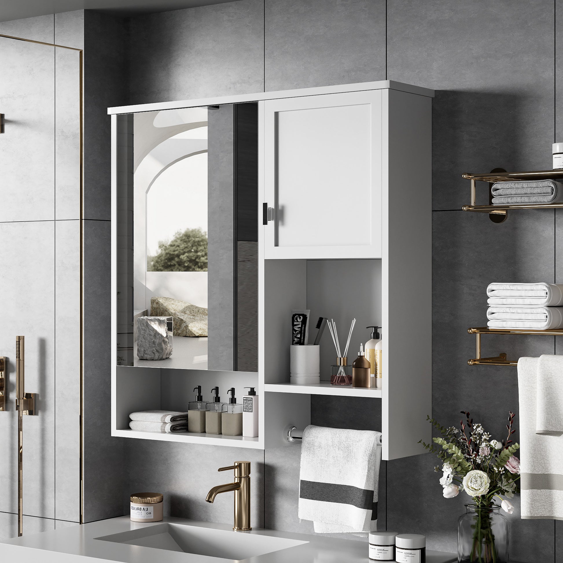 White bathroom medicine cabinet with mirrored door and interior shelves